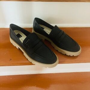 Black Perforated Loafers with Tan Sole. Ersula lock lug loafers. Dolce vita